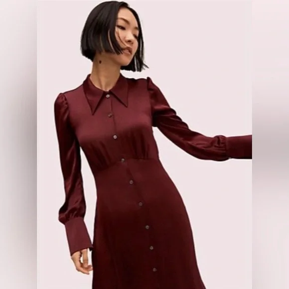 KATE SPADE COLLECTION Satin Midi Shirtdress in Candied Fig - NJMUA864 - Sz 0 - Picture 2 of 12